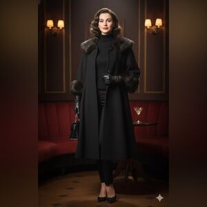 Vintage Elegant BlackSwing  Coat with Fur Trim